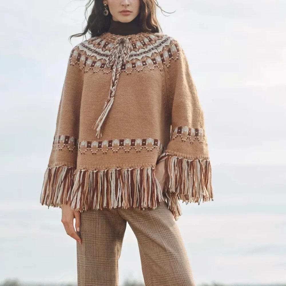 Zara Limited Edition 100% Wool Jacquard Knit Poncho with Fringed Trim NWT - Picture 1 of 6